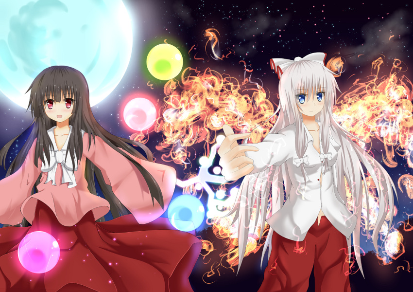 2girls blue_eyes bow branch brown_hair collarbone commentary_request fire fujiwara_no_mokou hairbow hime_cut houraisan_kaguya jeweled_branch_of_hourai long_hair long_sleeves mikagemaru_(mikage000) moon multiple_girls night open_mouth orb pink_eyes shirt sky smile star_(symbol) touhou very_long_hair white_hair wide_sleeves