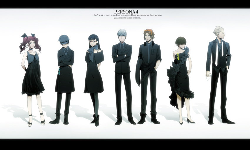 3boys 4girls amagi_yukiko ankle_boots aqua-framed_eyewear arm_at_side arms_behind_back bad_id bad_pixiv_id bare_arms bare_shoulders black-framed_eyewear black_dress black_footwear black_hair black_neckwear black_pants black_pantyhose black_ribbon black_vest blazer blue_scarf blue_shirt boots breast_pocket brown_eyes brown_hair buttons cabbie_hat cable capelet carrying carrying_under_arm choker closed_eyes closed_mouth coat collarbone collared_shirt copyright_name covered_eyes crossed_arms curtained_hair double-breasted dress dress_shirt empty_eyes english_text eyewear_hang fashion formal frilled_dress frills frown full_body furrowed_brow ghost_in_the_shell_lineup glasses grey-framed_eyewear grey_eyes grey_hair hair_ribbon hair_slicked_back hanamura_yousuke hand_in_pocket hand_on_own_hip hands_in_pockets hat hat_over_eyes headphones headphones_around_neck highres holding holding_removed_eyewear jacket kujikawa_rise letterboxed lineup long_hair long_sleeves looking_at_viewer looking_away looking_to_the_side medium_hair multiple_boys multiple_girls muturou_k narukami_yuu neck_ribbon necktie off-shoulder_dress off_shoulder orange-framed_eyewear pant_suit pants pants_tucked_in pantyhose parody persona persona_4 photoshop_(medium) pocket profile purple_hair red-framed_eyewear reverse_trap ribbon satonaka_chie scarf shaded_face shadow shirogane_naoto shirt shoes short_hair sleeveless sleeveless_dress spaghetti_strap standing strappy_heels suit tatsumi_kanji twintails untied untucked_shirt unworn_eyewear unworn_jacket vest waistcoat white_background yellow-framed_eyewear