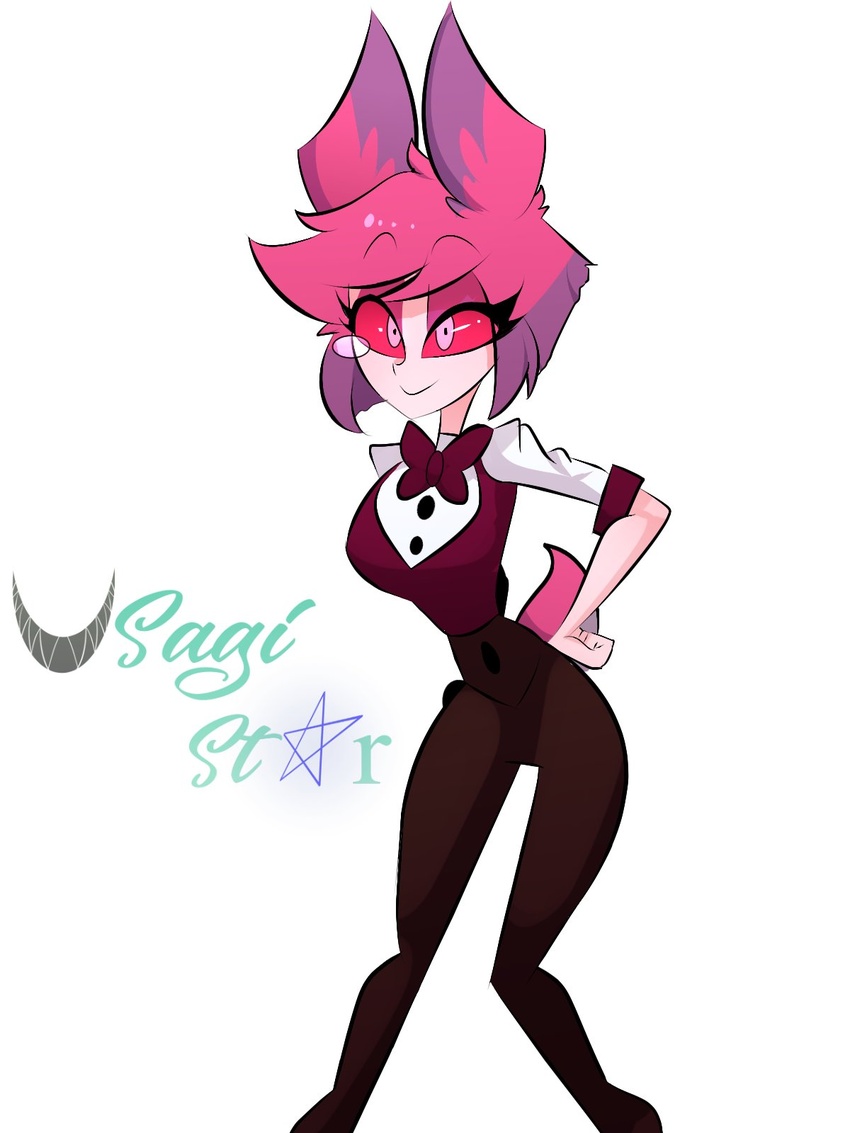 alastor_(hazbin_hotel) bowtie clothed demon female female_alastor_(hazbin_hotel) hazbin_hotel humanoid medium_breasts neckwear outerwear pink_eyes pink_hair pink_skin red_sclera rule_63 smooth_skin tail thick_thighs tiny_waist tuxedo usagi_star