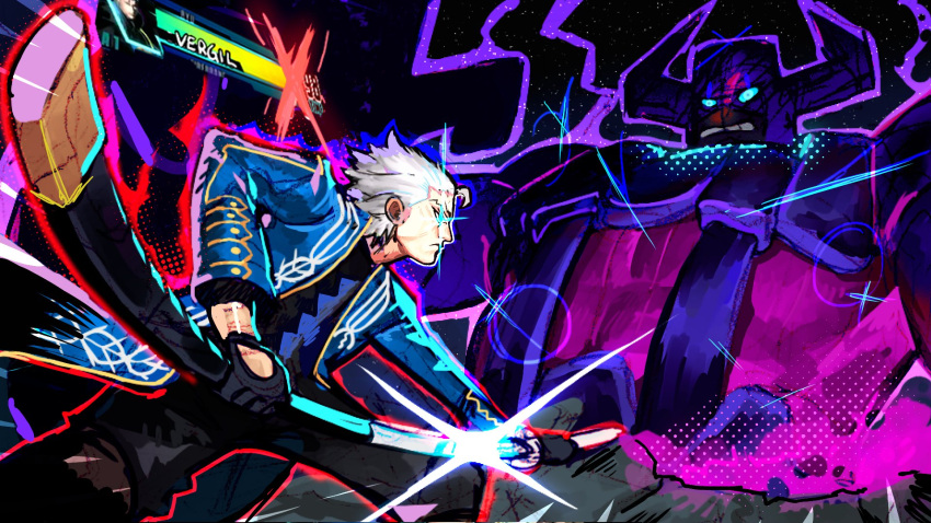 2boys animification aura battle blue_eyes clenched_teeth devil_may_cry_(series) devil_may_cry_3 fantastic_four galactus gameplay_mechanics giant glowing glowing_eyes health_bar helmet highres kainonaut lens_flare marvel marvel_vs._capcom marvel_vs._capcom_3 multiple_boys serious sheath sword teeth unsheathing vergil_(devil_may_cry) weapon white_hair yamato_(sword)