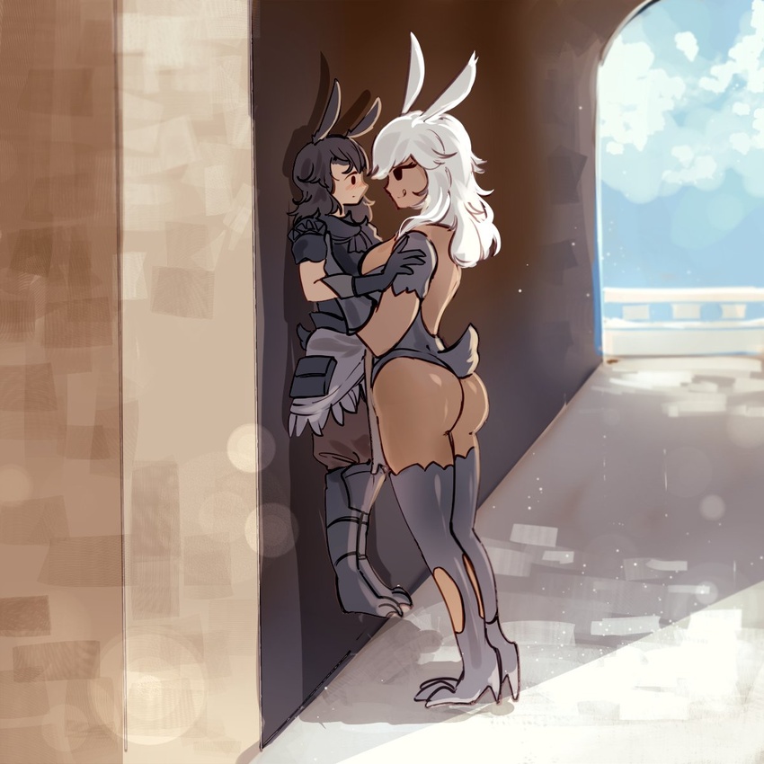 1boy against_wall alley animal_ears armor armored_leotard ass assertive_female dark-skinned_female dark_skin eye_contact female fenrishion final_fantasy final_fantasy_xiv gloves height_difference high_heels highres lauren_phillips_lifting_alice_merchesi_(meme) licking_lips lifting_person looking_at_another medium_hair meme pinned rabbit_boy rabbit_ears rabbit_girl rabbit_tail straight tail tall_female thighhighs tongue tongue_out viera warrior_of_light_(ff14)