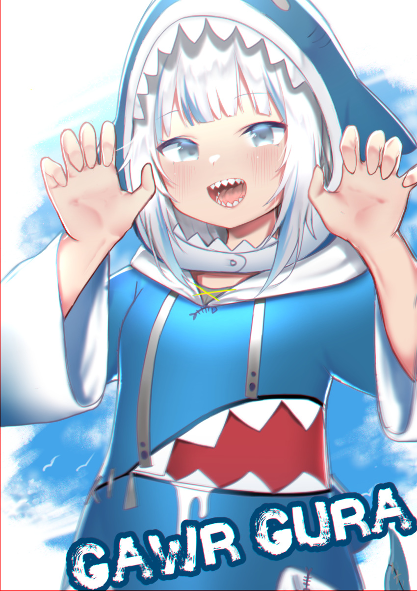 :d animal_hood blue_eyes blue_hair blush character_name claw_pose female gawr_gura gawr_gura_(1st_costume) grey_hair highres hololive hololive_english hood long_hair long_sleeves looking_at_viewer multicolored_hair open_mouth shark_hood sharp_teeth smile solo streaked_hair teeth teriibol virtual_youtuber