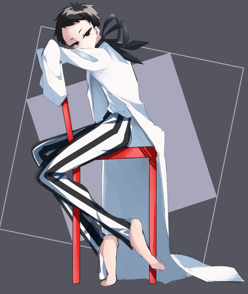 1boy barefoot bishounen_series black_choker black_eyes black_hair chair choker commentary_request highres jewelry lab_coat long_sleeves looking_at_viewer male_focus necklace on_chair pants ribbon_choker school_uniform short_hair simple_background sitting sitting_backwards sleeves_past_fingers sleeves_past_wrists solo striped_clothes striped_pants yubiwa_high_school_uniform yubiwa_sousaku yubiwa_sukida