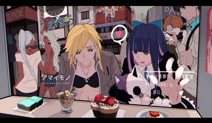 2boys 4girls bad_id bad_pixiv_id bare_shoulders black_dress blonde_hair blue_eyes blunt_bangs breasts brief_(psg) cake casual cellphone chromatic_aberration chuck_(psg) city closed_mouth collared_shirt commentary_request cupcake dark_skin denim denim_shorts display dress earrings food fruit garterbelt_(psg) grey_hair headphones heart highres holding holding_phone holding_stuffed_toy honekoneko_(psg) horns in-ear_earphones jacket jewelry kantai_collection kneesocks_(psg) letterboxed long_hair long_sleeves multicolored_hair multiple_boys multiple_girls mutsu_(kancolle) necklace off-shoulder_shirt off_shoulder open_clothes open_jacket panty_&_stocking_with_garterbelt panty_(psg) phone ponytail purple_hair ram_(re:zero) re:zero_kara_hajimeru_isekai_seikatsu rem_(re:zero) reroi revision scanty_(psg) shirt short_shorts shorts siblings sisters small_breasts smartphone speech_bubble spoken_heart standing stocking_(psg) strawberry stuffed_animal stuffed_toy translated twins two-tone_hair unzipped walking white_shirt window