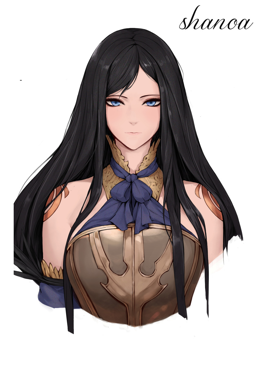 armor bare_shoulders black_hair blue_eyes blue_ribbon breastplate breasts castlevania:_order_of_ecclesia castlevania_(series) chinese_commentary closed_mouth commentary_request female highres large_breasts laserflip long_hair looking_at_viewer neck_ribbon photoshop_(medium) ribbon shanoa shoulder_tattoo simple_background solo swept_bangs tattoo upper_body very_long_hair white_background