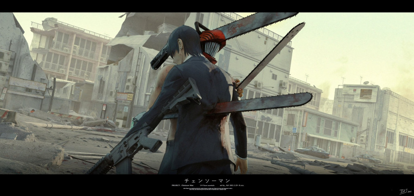 2boys assault_rifle black_hair black_jacket black_necktie black_pants blood blood_on_clothes blood_on_weapon chainsaw chainsaw_man cityscape collared_shirt denji_(chainsaw_man) earrings erjian facing_away facing_down formal gun gun_fiend_(chainsaw_man) handgun hayakawa_aki highres impaled jacket jewelry letterboxed m4_carbine male_focus multiple_boys necktie pants rifle rubble sharp_teeth shirt shirt_tucked_in short_hair smoke spoilers stud_earrings suit suit_jacket teeth topless_male weapon white_shirt