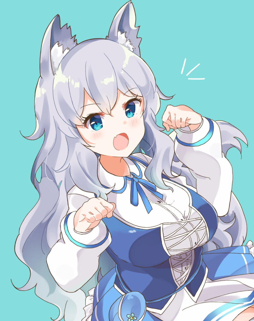 :o animal_ear_fluff animal_ears aqua_background blue_eyes blue_skirt breasts commentary_request female hair_between_eyes hidejiu highres indie_virtual_youtuber large_breasts long_hair looking_at_viewer lumi_(merryweather) oerba_yun_fang open_mouth paw_pose sidelocks simple_background skin_fang skirt smile solo tail very_long_hair virtual_youtuber white_hair wolf_ears wolf_girl wolf_tail