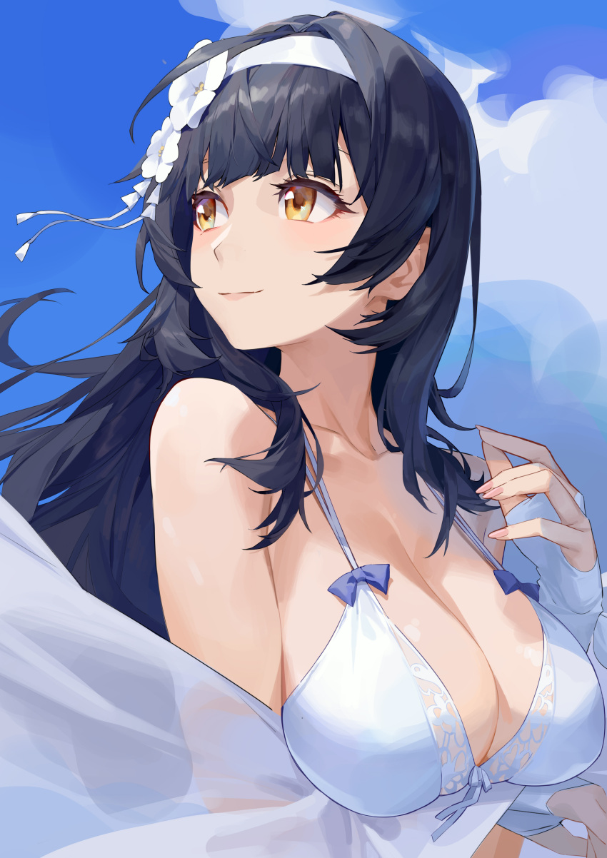 absurdres bikini black_hair blue_bow blue_sky blunt_bangs bow breasts chinese_commentary cleavage collarbone commentary female flower girls'_frontline hair_flower hair_ornament hairband highres large_breasts long_hair ren_huozhe sky solo swimsuit type_95_(girls'_frontline) type_95_(summer_cicada)_(girls'_frontline) white_bikini white_flower white_hairband yellow_eyes