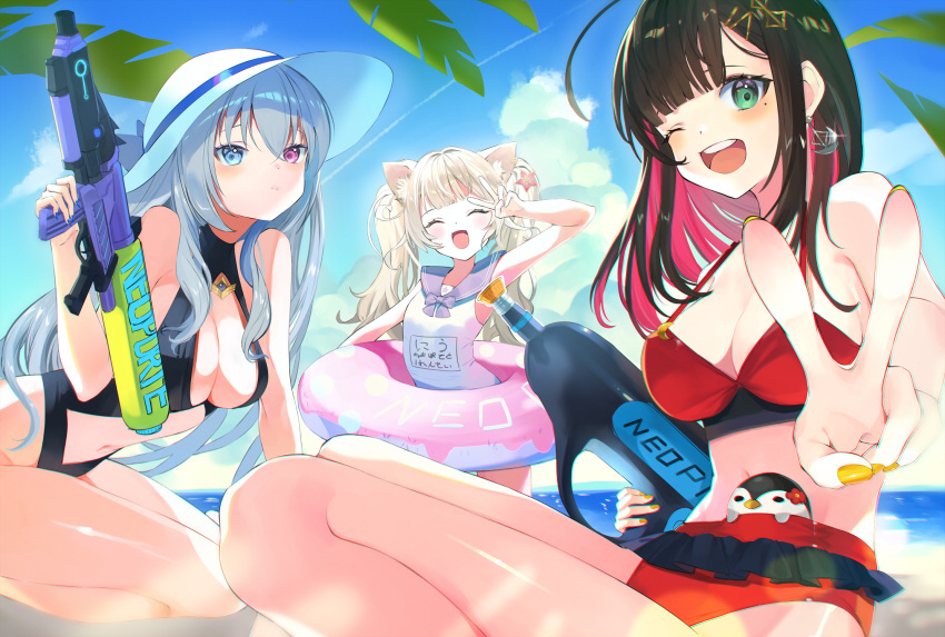 3girls ;d ahoge anchor_earrings animal_ear_fluff animal_ears beach bikini black_hair blue_eyes blue_hair blue_nails blue_ribbon blue_sailor_collar blunt_bangs breasts casual_one-piece_swimsuit cat_ears cat_girl center_opening cleavage cleavage_cutout closed_eyes clothing_cutout cloud colored_inner_hair dadada day earrings foreshortening frilled_bikini frills green_eyes hair_between_eyes hat hat_ribbon heterochromia highres hizuki_yui holding holding_water_gun innertube jewelry large_breasts leaning_forward light_blue_hair long_hair looking_at_viewer mole mole_under_eye multicolored_hair multiple_girls navel neo-porte ocean one-piece_swimsuit one_eye_closed open_mouth outdoors pink_eyes pink_hair red_bikini ribbon sailor_collar sailor_one-piece_swimsuit school_swimsuit sitting sky smile stomach strap_gap sun_hat super_soaker swim_ring swimsuit tentei_forte thighs twintails v v_over_eye virtual_youtuber water_gun white_hair white_headwear white_one-piece_swimsuit yellow_nails yozuna_niu