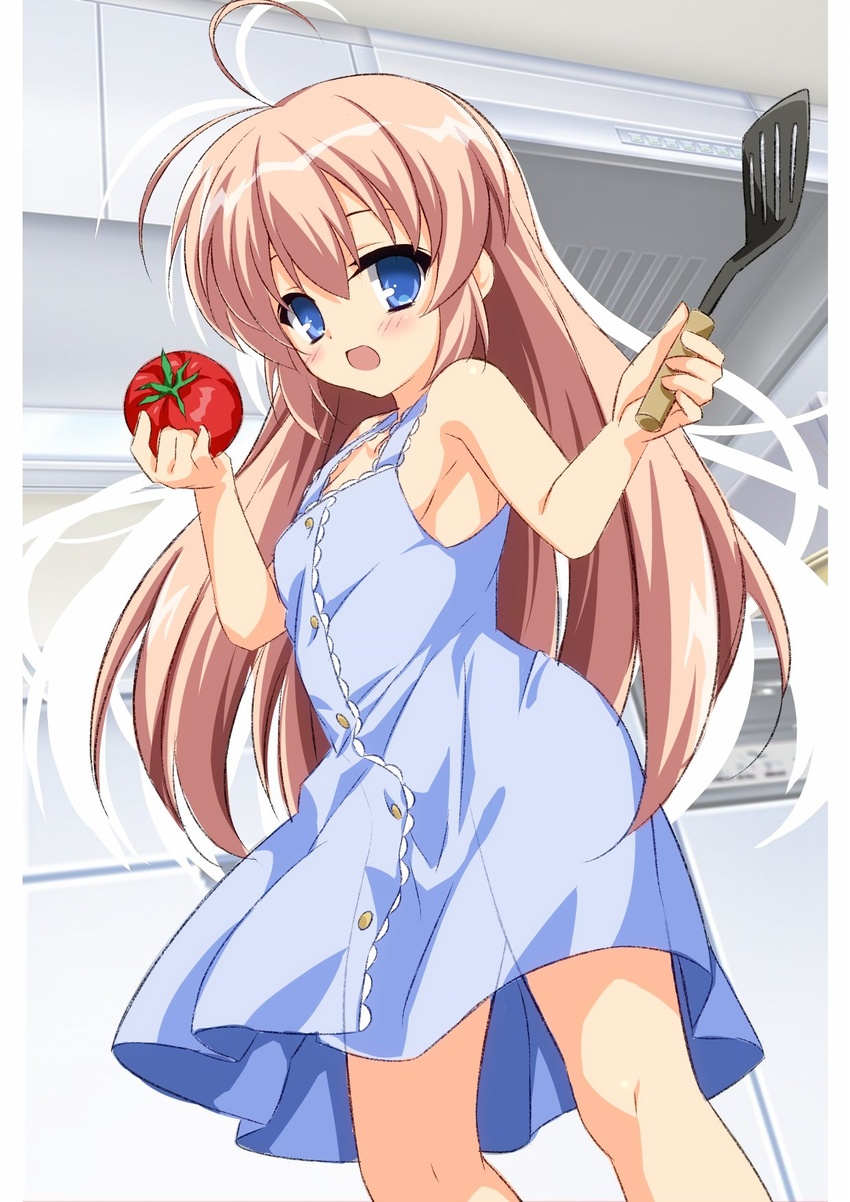 antenna_hair armpits arms_up asagi_nanami bad_id bad_twitter_id blue_dress blue_eyes blush breasts brown_hair dress female food hajimete_no_orusuban highres holding holding_food indoors kitchen long_hair mizuki_shiori official_art sideboob smile solo spatula sundress tomato