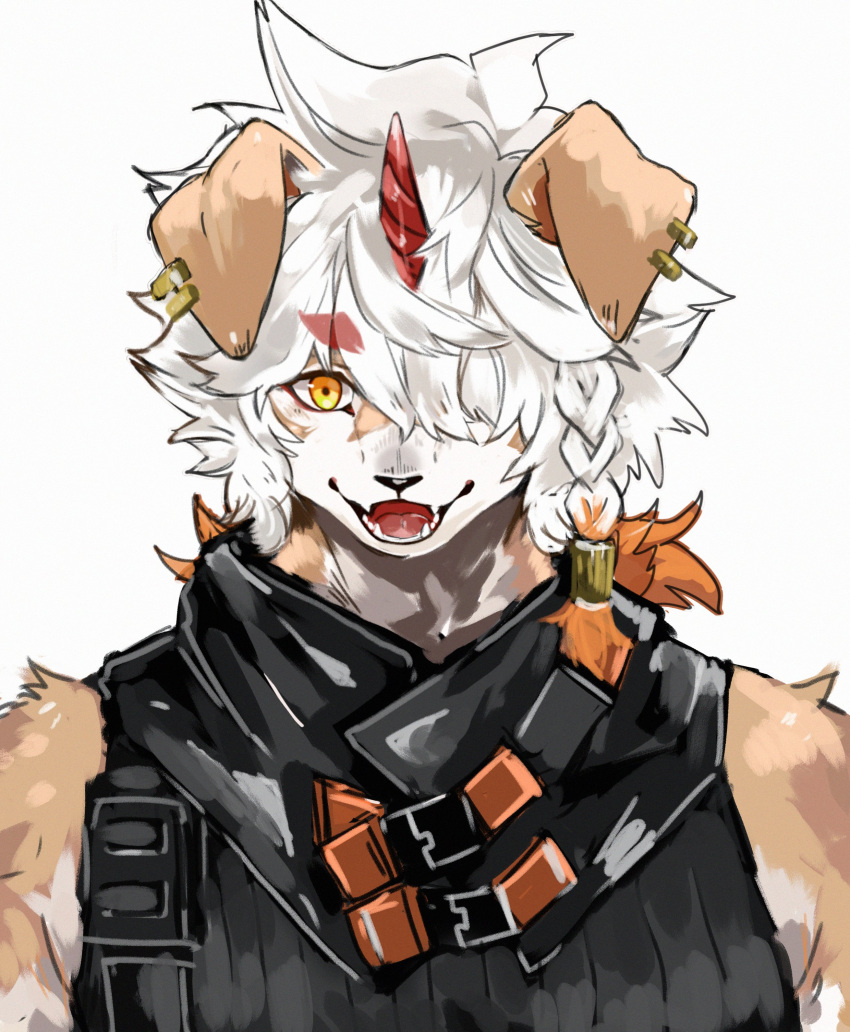 2023 absurd_res anthro ao_gravity arknights black_clothing canid canine canis clothing domestic_dog ear_piercing fur hair hair_over_eye hi_res horn hung_(arknights) hypergryph long_hair looking_at_viewer male mammal multicolored_body multicolored_fur one_eye_obstructed open_mouth piercing smile solo studio_montagne tan_body tan_fur two_tone_body two_tone_fur white_body white_fur white_hair yellow_eyes