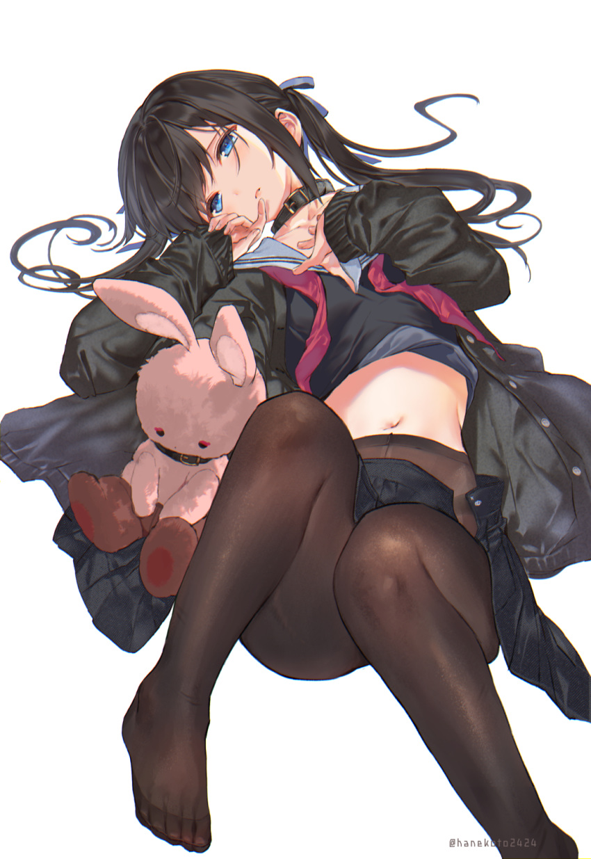 black_coat black_hair black_shirt black_skirt blue_eyes brown_pantyhose buttons coat collar commentary_request feet female fine_fabric_emphasis gusset hair_ribbon hanekoto head_tilt highres imouto_(hanekoto) knees_up long_hair long_sleeves looking_at_viewer lying midriff miniskirt navel neckerchief no_shoes on_back open_clothes open_coat original pantyhose parted_lips pleated_skirt red_neckerchief ribbon sailor_collar school_uniform shirt sidelocks simple_background skirt solo stuffed_animal stuffed_rabbit stuffed_toy twintails twitter_username undone_neckerchief white_background