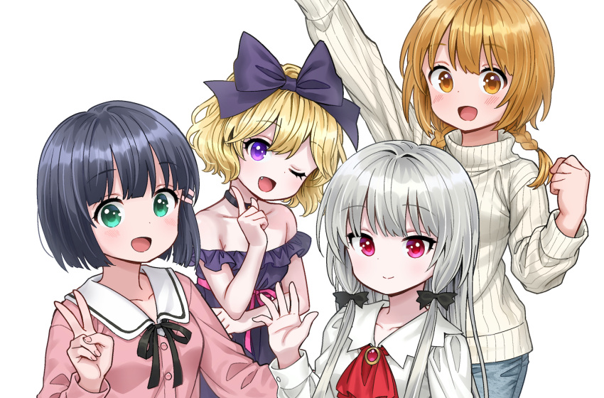 4girls :d ;d ama-tou amano_akari arm_up black_choker black_hair black_ribbon blonde_hair bow braid brown_eyes brown_hair choker closed_mouth collarbone collared_shirt commentary_request dress elly_(tonari_no_kyuuketsuki-san) frilled_dress frills green_eyes grey_hair hair_between_eyes hair_ornament hair_ribbon hairbow hairclip head_tilt index_finger_raised long_hair multiple_girls natsuki_hinata oerba_yun_fang off-shoulder_dress off_shoulder one_eye_closed pink_shirt purple_bow purple_dress purple_eyes red_eyes ribbed_sweater ribbon shirt short_hair simple_background smile sophie_twilight sweater tonari_no_kyuuketsuki-san turtleneck turtleneck_sweater twin_braids very_long_hair white_shirt white_sweater