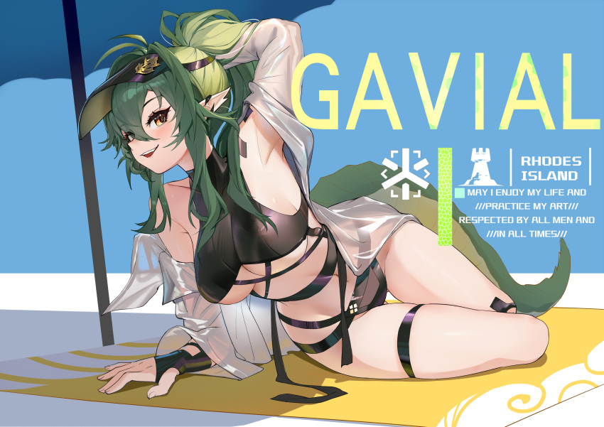 :d absurdres alternate_hairstyle antenna_hair arknights arm_up armpits bad_id bad_twitter_id bare_shoulders breasts character_name chinese_commentary commentary_request female gavial_(arknights) green_hair hair_between_eyes highres large_breasts long_hair long_sleeves looking_at_viewer off_shoulder official_alternate_costume open_clothes open_mouth open_shirt ponytail smile solo stomach swimsuit tail thighs tuziki_sang underboob visor_cap yellow_eyes