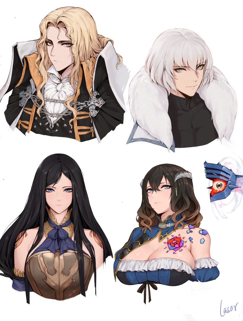 2boys 2girls absurdres alucard_(castlevania) armor bare_shoulders black_coat black_hair black_shirt blonde_hair bloodstained:_ritual_of_the_night blue_eyes blue_ribbon breast_tattoo breastplate breasts brown_hair castlevania:_aria_of_sorrow castlevania:_order_of_ecclesia castlevania:_symphony_of_the_night castlevania_(series) chains cleavage closed_mouth coat eyeball flower_tattoo fur_collar gradient_hair grey_eyes hair_ornament highres large_breasts laserflip long_hair looking_at_viewer miriam_(bloodstained) multicolored_hair multiple_boys multiple_girls neck_ribbon parted_bangs photoshop_(medium) ribbon shanoa shirt short_hair shoulder_tattoo simple_background soma_cruz swept_bangs tattoo very_long_hair white_background white_coat white_hair yellow_eyes