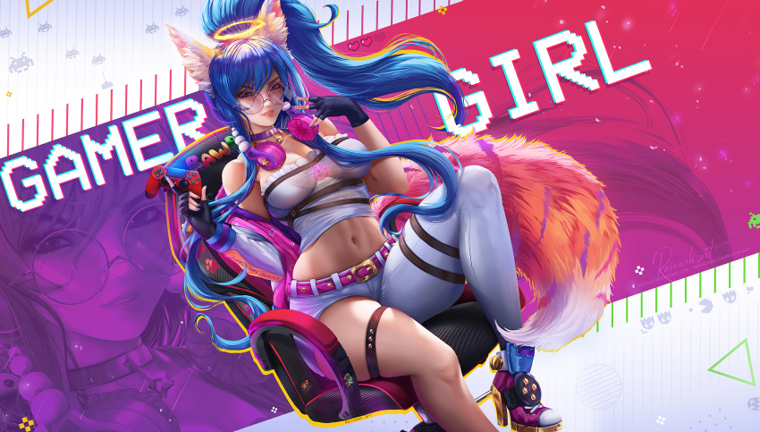 animal_ears blue_hair foxgirl headphones javier_estrada long_hair navel original purple_eyes