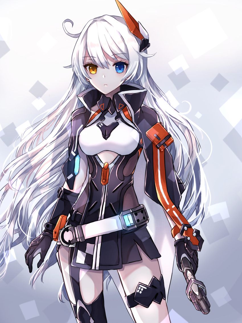 asymmetrical_gloves bad_id bad_pixiv_id black_gloves black_jacket black_thighhighs blue_eyes chabatake closed_mouth female gloves gun hair_ornament handgun heterochromia highres holding holding_gun holding_weapon honkai_(series) honkai_impact_3rd jacket kiana_kaslana kiana_kaslana_(void_drifter) long_hair looking_at_viewer mismatched_gloves shirt solo thigh_strap thighhighs weapon white_background white_hair white_shirt yellow_eyes