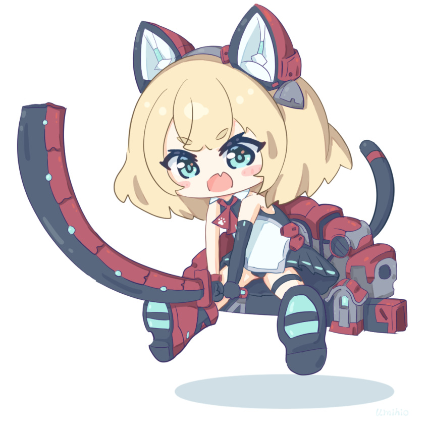 animal_ears armpit_crease artery_gear artery_gear:_fusion asymmetrical_gloves bad_id bad_pixiv_id black_gloves blonde_hair blue_eyes blush boots cat_ears cat_tail chibi eyeshadow female gloves holding holding_sword holding_weapon jumping katana katie_(artery_gear) makeup mecha_musume mechanical_ears mechanical_tail necktie oerba_yun_fang open_mouth paw_print pelvic_curtain pleated_skirt red_necktie rigging shadow short_hair simple_background skin_fang skirt slashing solo sword tail thick_eyebrows thigh_strap thighs umihio uneven_gloves v-shaped_eyebrows weapon white_background yellow_eyeshadow