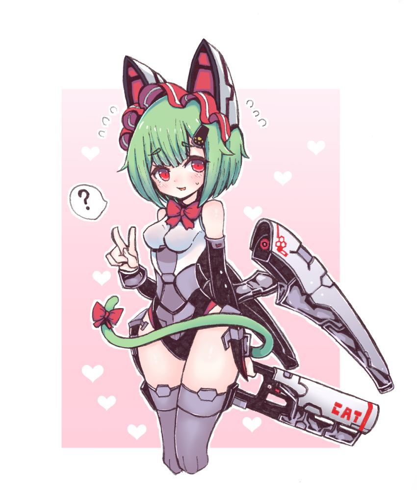 ? animal_ears armor artery_gear artery_gear:_fusion bare_shoulders blush bow bowtie breasts cat_ears cat_tail female gradient_background green_hair gun hair_flaps hair_ornament hairclip heart highres holding holding_gun holding_weapon impossible_clothes kuro_(kuroi-nanika) leotard looking_at_viewer mecha_musume mechanical_ears mechanical_wings meko_(artery_gear) open_mouth red_bow red_bowtie red_eyes ribbon short_hair small_breasts solo spoken_question_mark sweatdrop tail tail_bow tail_ornament thighhighs thighs v weapon wings