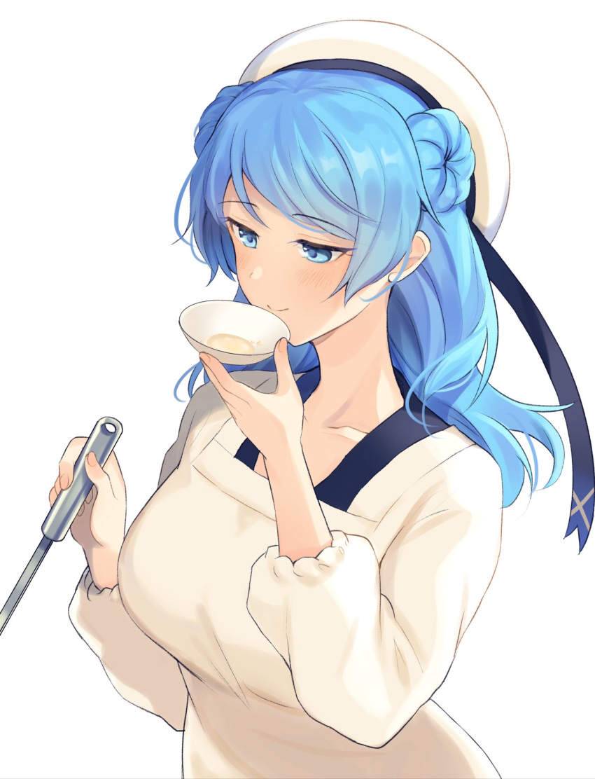 alternate_costume apron blue_eyes blue_hair blush breasts collarbone cooking double_bun doughnut_hair_bun female food hair_between_eyes hair_bun hat highres japanese_clothes kantai_collection kappougi ladle large_breasts long_sleeves medium_hair plate sailor_hat senbei_(senbe_i) simple_background soup spoon tasting_plate urakaze_(kancolle) white_background white_headwear