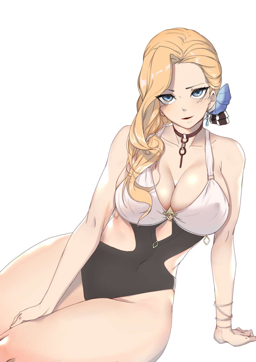 absurdres arm_support asymmetrical_hair azur_lane bad_id bad_pixiv_id between_legs blonde_hair blue_eyes breasts cleavage covered_navel covered_nipples earrings female flower hair_flower hair_ornament hand_between_legs highres hood_(azur_lane) hood_(lady_of_the_shining_sun)_(azur_lane) jewelry large_breasts looking_at_viewer neoguri official_alternate_costume one-piece_swimsuit side_slit smile solo swimsuit