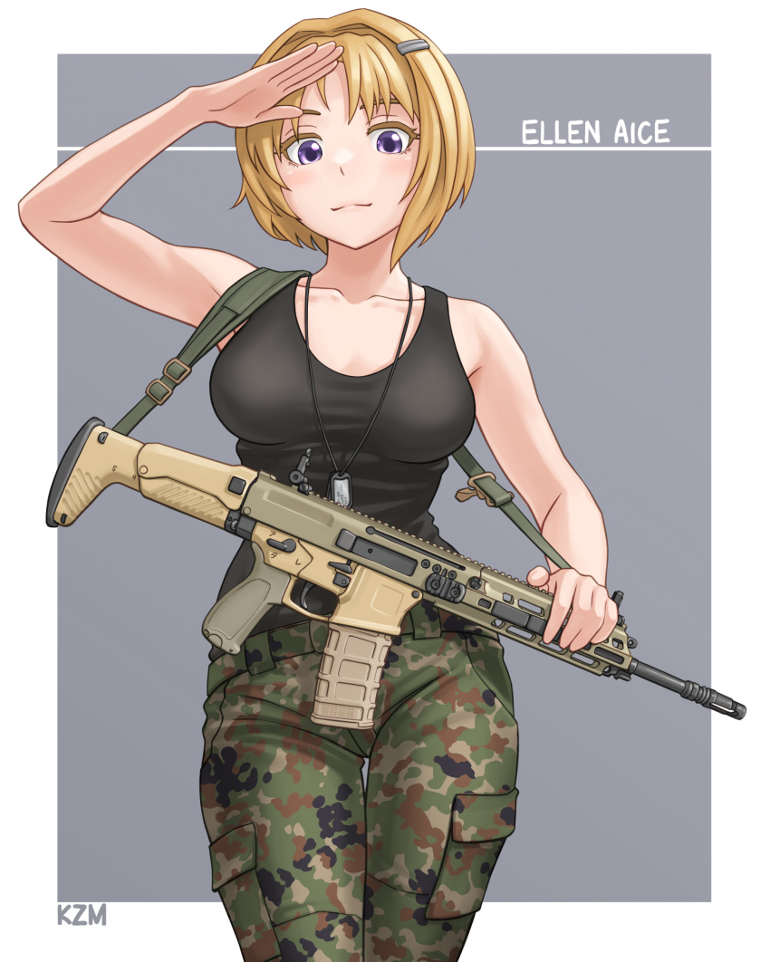 assault_rifle blush border camouflage camouflage_pants character_name collarbone ellen_aice eyebrows_hidden_by_hair female grey_background gun highres holding holding_gun holding_weapon howa_type_20 kzm_(sub-moa_works) looking_at_viewer medium_hair muv-luv muv-luv_alternative muv-luv_unlimited:_the_day_after pants rifle salute shirt_tucked_in short_hair smile solo straight-on tank_top weapon white_border