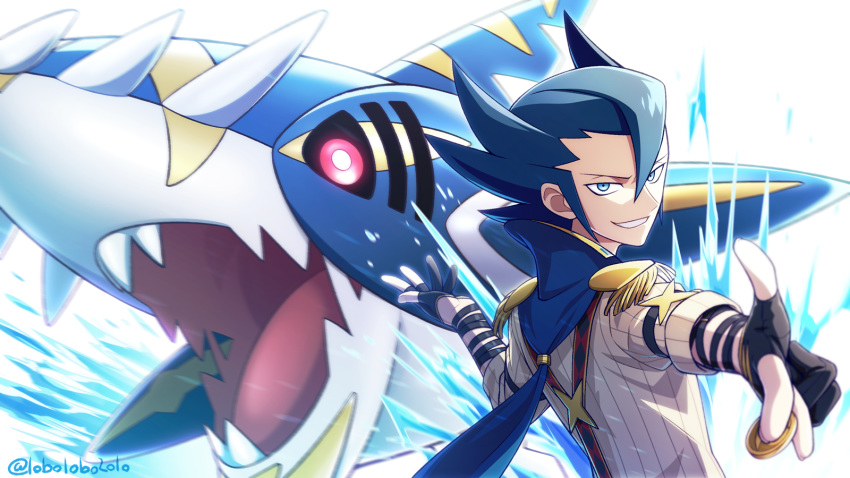 1boy artist_name black_gloves blue_eyes blue_hair coin commentary_request epaulettes gloves grimsley_(pokemon) grimsley_(sygna_suit)_(pokemon) hair_between_eyes hands_up highres holding holding_coin looking_back mega_pokemon mega_sharpedo momoji_(lobolobo2010) official_alternate_costume pokemon pokemon_(creature) pokemon_masters_ex sharpedo shirt sleeves_rolled_up spiked_hair teeth upper_body water watermark