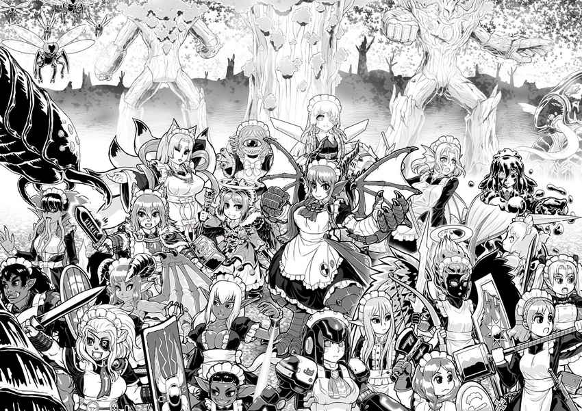 6+girls android angel angel_wings apron asymmetrical_wings axe battle beholder black_skin bow_(weapon) braid breasts claws cleavage colored_skin commentary_request cyclops dark-skinned_female dark_elf dark_skin demon_girl demon_horns demon_wings dragon_girl dragon_tail dragon_wings dual_wielding dwarf elf extra_eyes eyepatch fangs feathered_wings female_goblin female_orc fins giant_insect goblin greyscale grin halo head_fins holding horns kensaint kitsune long_hair maid maid_apron maid_headdress medium_breasts mermaid monochrome monster_girl multiple_girls multiple_tails multiple_tongues one-eyed one_eye_closed open_mouth orc original pointy_ears scales scar scar_on_face scepter sharp_teeth shield single_braid slime_girl slit_pupils smile sword tail teeth treant tusks vambraces vampire war_hammer weapon wings wrist_cuffs