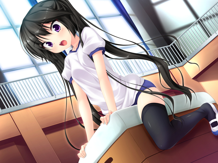 black_hair bloomers game_cg gym_uniform luna_lia mecha-con! purple_eyes thighhighs yatake_tsubaki