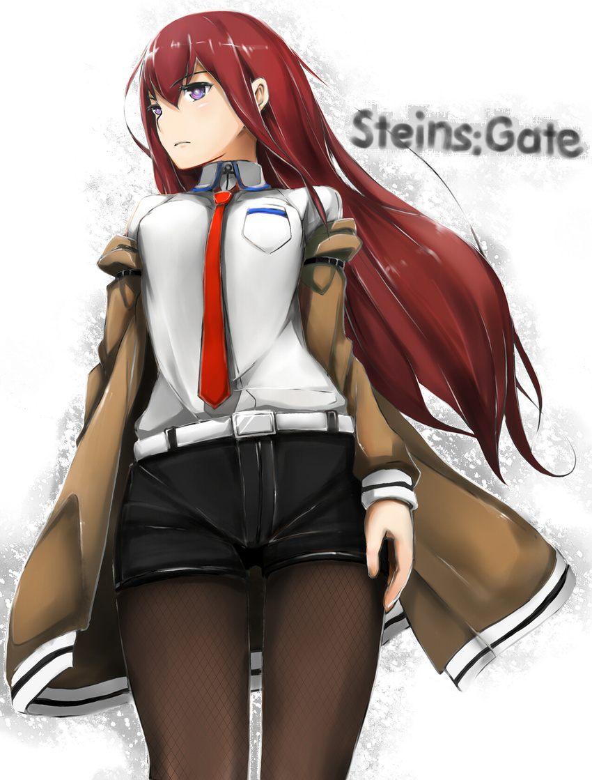 black_shorts commentary_request dark_red_hair female fishnet_pantyhose fishnets highres jacket long_hair makise_kurisu necktie pantyhose pantyhose_under_shorts purple_eyes red_hair red_necktie shorts solo steins;gate takashiro_(takashiro_factory)