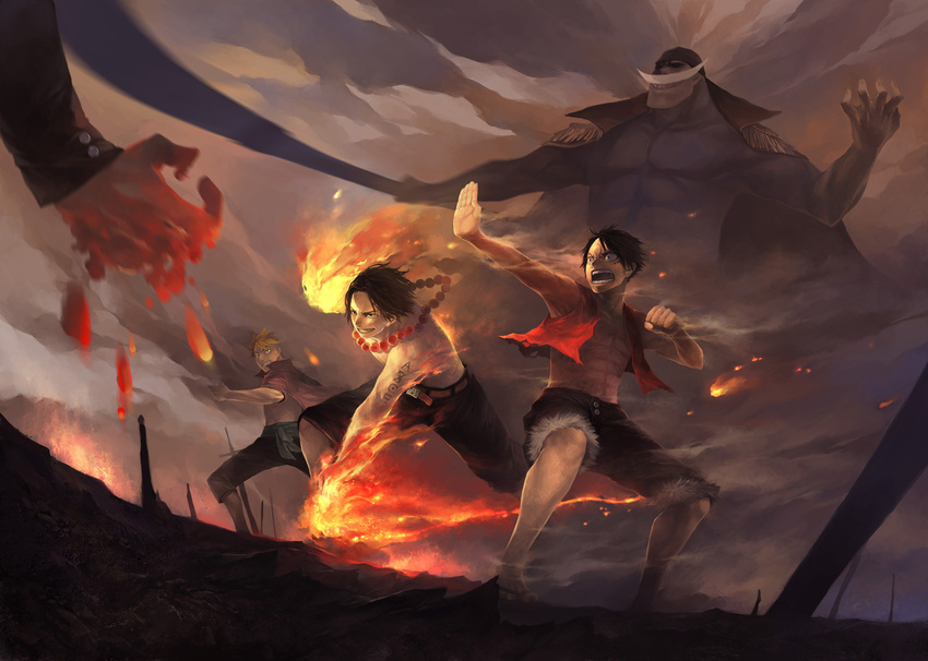 4boys abs bad_id bad_pixiv_id battle black_hair edward_newgate fire group_battle jewelry male_focus manly marco_(one_piece) monkey_d._luffy multiple_boys necklace one_piece onisakiyoruka photoshop_(medium) portgas_d._ace sakazuki_(akainu) scar shorts tattoo war