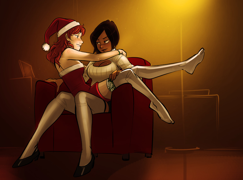 absurdres bedroom_eyes biting biting_lip bracelet breasts brown_hair chair cleavage cleavage_cutout dark_skin earrings freckles green_eyes hand_on_leg hat heather_(krekka) highres jewelry michelle_(krekka) multiple_girls open-chest_sweater original psuede purple_eyes red_hair santa_hat sitting sitting_on_lap sitting_on_person smile thighhighs white_legwear yuri