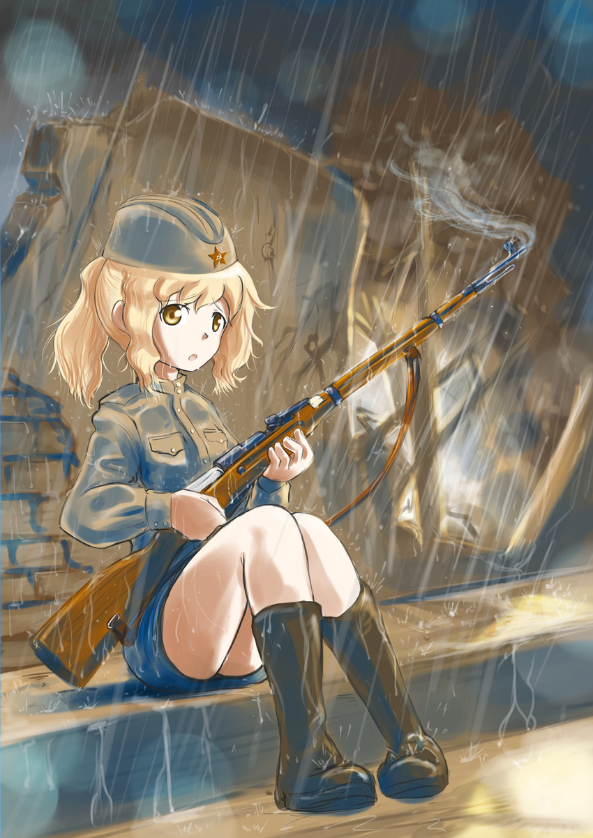 absurdres blonde_hair bolt_action boots cloud commentary_request erica_(naze1940) female garrison_cap gun gun_sling gymnastiorka hammer_and_sickle hat highres long_hair looking_at_viewer military military_uniform mosin-nagant original photoshop_(medium) ponytail rain red_star rifle ruins sitting skirt soldier solo soviet star_(symbol) uniform war weapon world_war_ii yellow_eyes