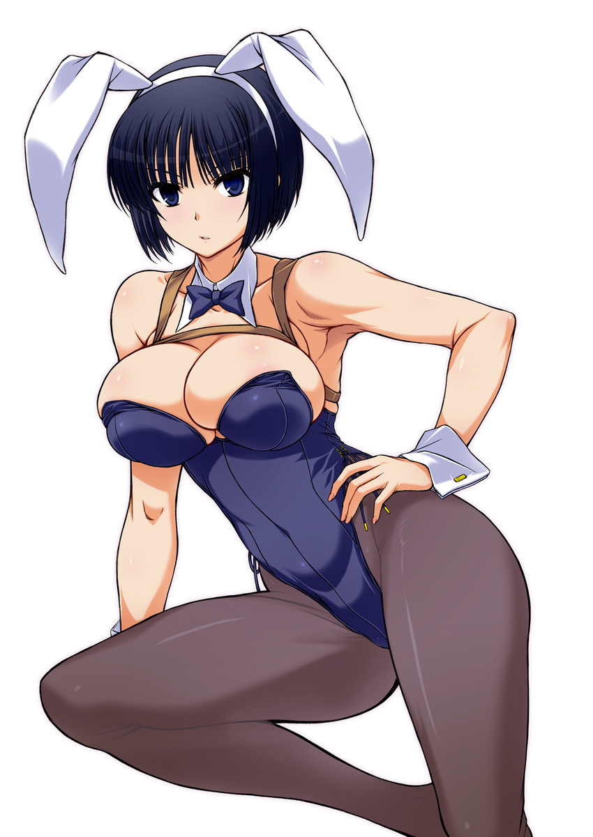 animal_ears arm_support black_eyes black_hair blue_bow blue_bowtie blue_leotard bow bowtie breasts commentary_request detached_collar feet_out_of_frame female grey_pantyhose hand_on_own_hip harness highres large_breasts leotard looking_at_viewer pantyhose photoshop_(medium) playboy_bunny rabbit_ears short_hair simple_background sitting solo strapless strapless_leotard uq_holder! white_background wrist_cuffs yatsushima_tetsuya yokozuwari yuuki_karin