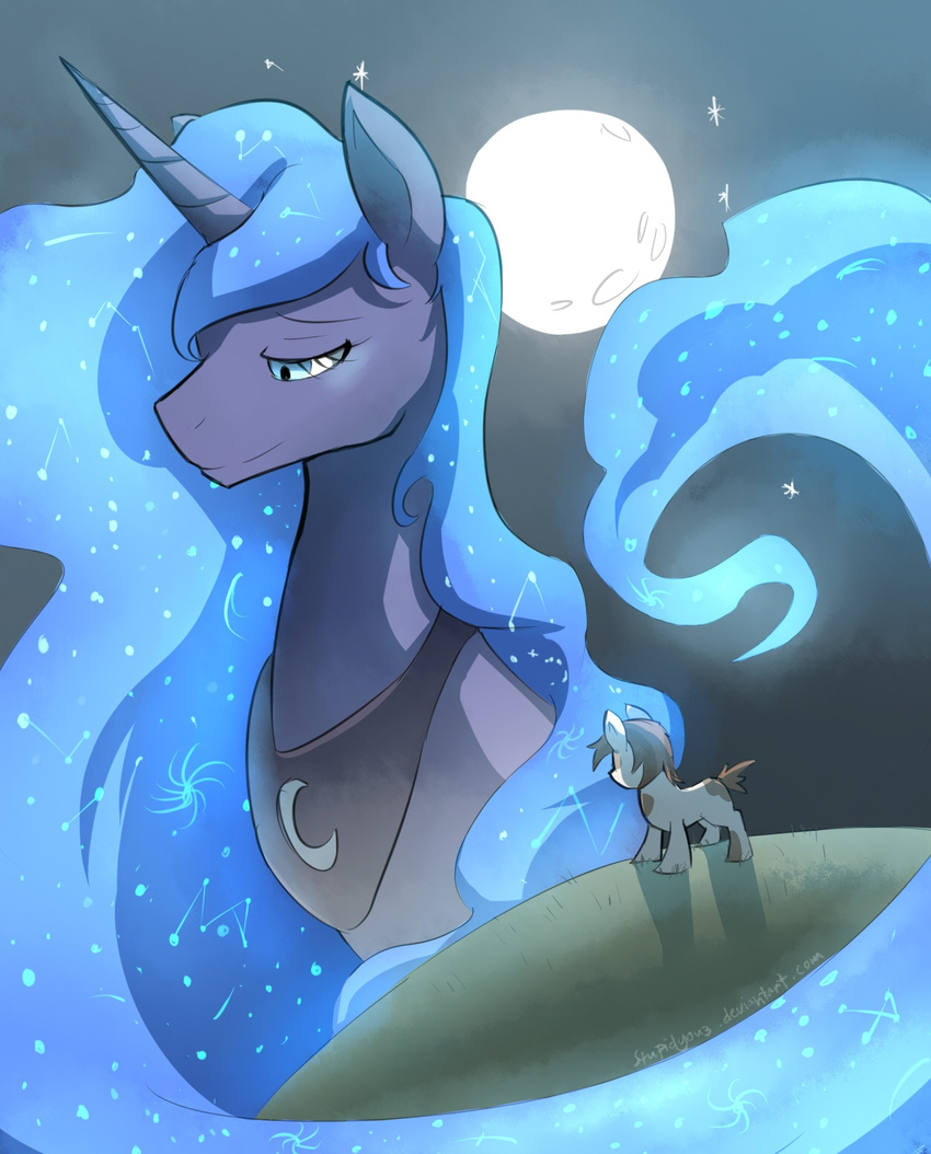 2013 blue_eyes blue_hair brown_hair duo earth_pony equid equine eye_patch_(marking) facial_markings female feral friendship_is_magic hair hasbro head_markings hi_res horn horse male mammal markings moon my_little_pony patch_(marking) pipsqueak_(mlp) pony princess_luna_(mlp) stupidyou3 young