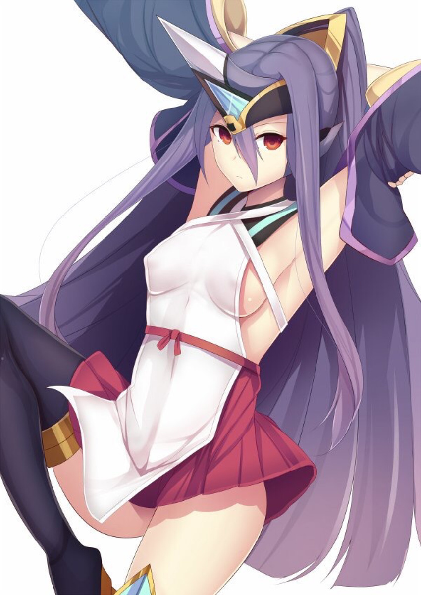 arc_system_works armpits blazblue blazblue:_central_fiction breasts daiaru detached_sleeves erect_nipples female hades_izanami long_hair looking_at_viewer mikado_(blazblue) purple_hair red_eyes red_skirt skirt solo thighhighs very_long_hair