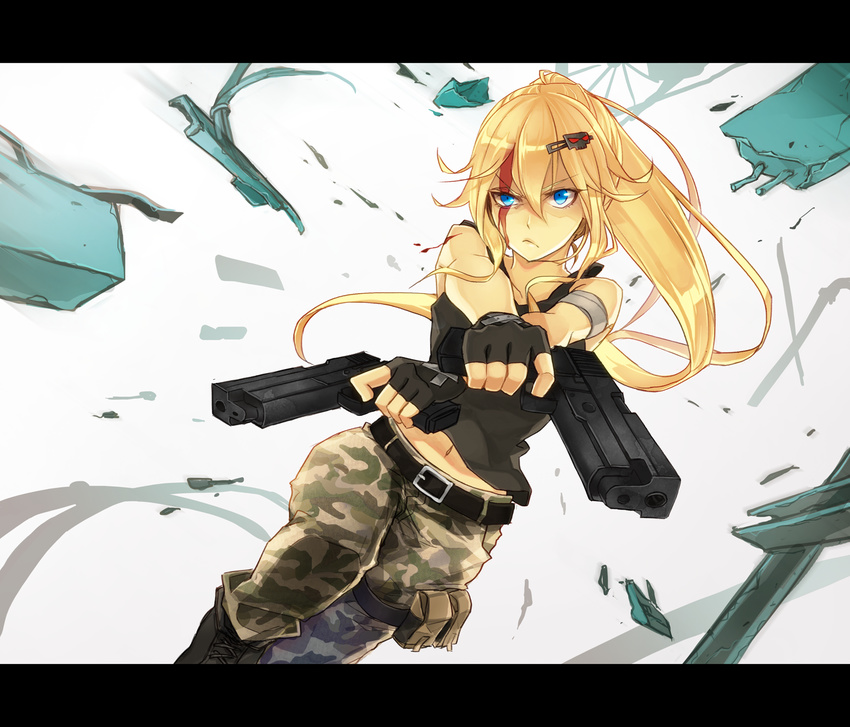 8c action bad_id bad_pixiv_id belt blonde_hair blood blood_on_face blue_eyes boots camouflage camouflage_pants dual_wielding female fingerless_gloves frown gloves gun hair_ornament hairclip handgun highres holding letterboxed long_hair original pants ponytail skull_hair_ornament solo tank_top weapon