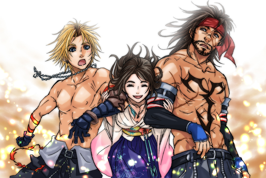 2boys alternate_costume applemac bandana belt blonde_hair blue_eyes brown_eyes brown_hair chest_tattoo closed_eyes commentary_request dissidia_012_final_fantasy dissidia_final_fantasy downblouse earrings facial_hair father_and_son female final_fantasy final_fantasy_x gloves hakama hakama_skirt headband highres japanese_clothes jecht jewelry multiple_boys muscular navel necklace open_mouth photoshop_(medium) purple_hakama scar skirt smile tattoo tidus topless_male wide_sleeves yuna_(ff10)