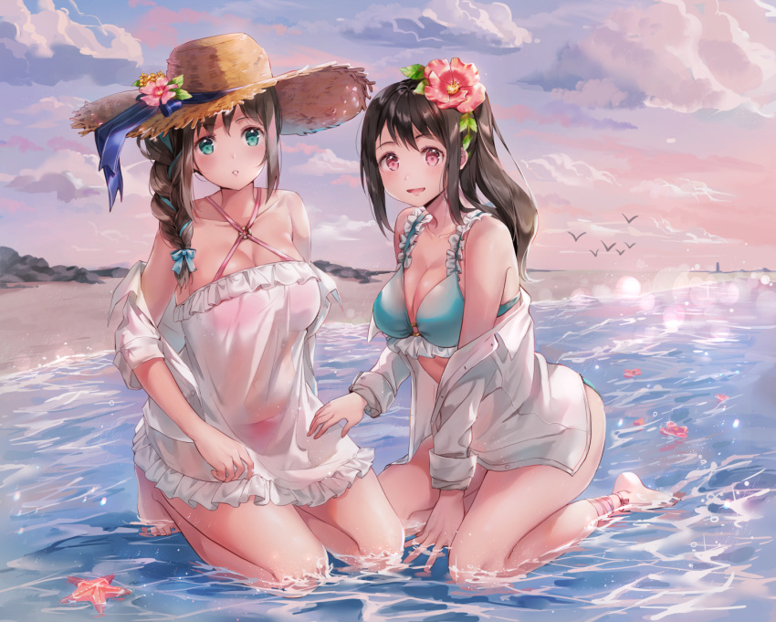 2girls :d aqua_eyes bare_legs bare_shoulders barefoot beach between_legs bikini bird blue_bikini braid breasts brown_hair cherim cleavage cloud collarbone collared_shirt commentary dress evening flower frilled_bikini frills hair_between_eyes hair_flower hair_ornament hair_over_shoulder hand_between_legs hat head_tilt highres kneeling large_breasts lighthouse long_hair multiple_girls o-ring o-ring_top ocean off_shoulder open_clothes open_mouth open_shirt original outdoors partially_submerged pink_bikini red_eyes sand see-through shirt sidelocks single_braid smile sun_hat swimsuit water waves white_dress white_shirt