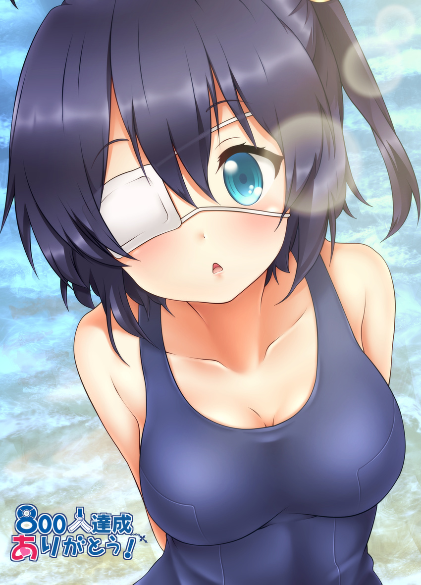 :< absurdres ahoge arms_behind_back bare_shoulders black_hair blue_eyes blue_one-piece_swimsuit breasts chuunibyou_demo_koi_ga_shitai! cleavage collarbone commentary_request competition_swimsuit derivative_work eyepatch female hair_between_eyes head_tilt highres looking_at_viewer medical_eyepatch medium_breasts ocean one-piece_swimsuit oooqqq parted_lips school_swimsuit solo swimsuit takanashi_rikka triangle_mouth upper_body