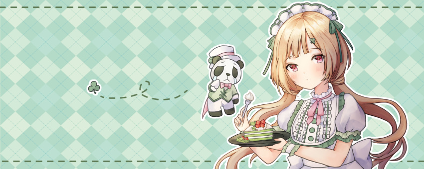 brown_hair cake cake_slice closed_mouth clover_hair_ornament commentary_request coriander_chiffon_cake_(cuisine_dimension) cuisine_dimension duino female food fork hair_ornament highres holding holding_fork holding_plate looking_at_viewer pink_eyes plate short_sleeves solo twintails upper_body