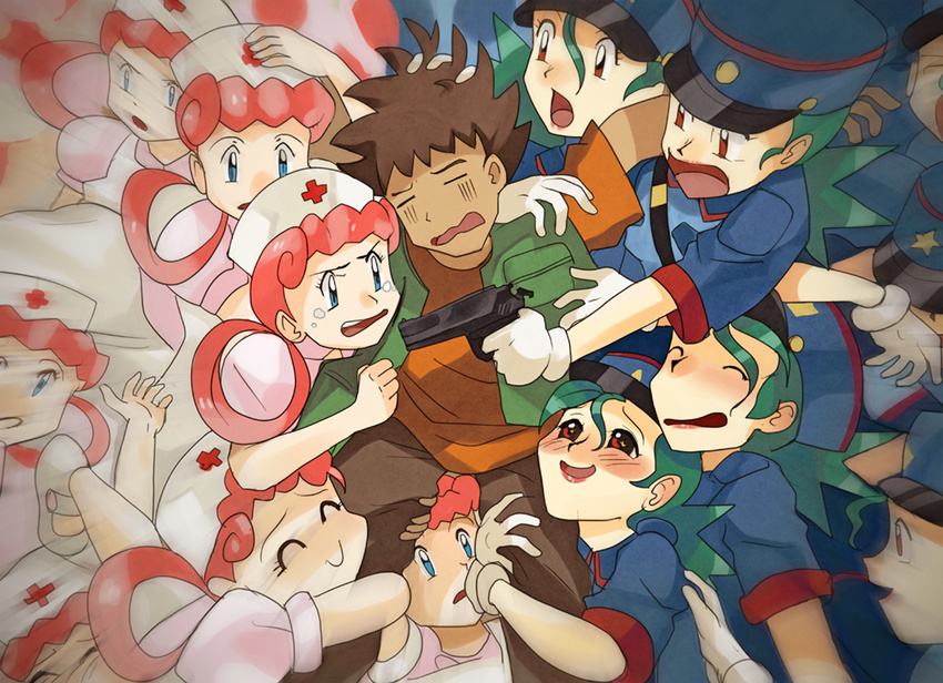 1boy 6+girls blue_eyes blush brown_hair dark_skin everyone gloves green_hair group gun harem hat joy_(pokemon) junsaa_(pokemon) multiple_girls multiple_persona nurse nurse_cap philloc pokemon pokemon_(anime) police red_eyes takeshi_(pokemon) tears weapon