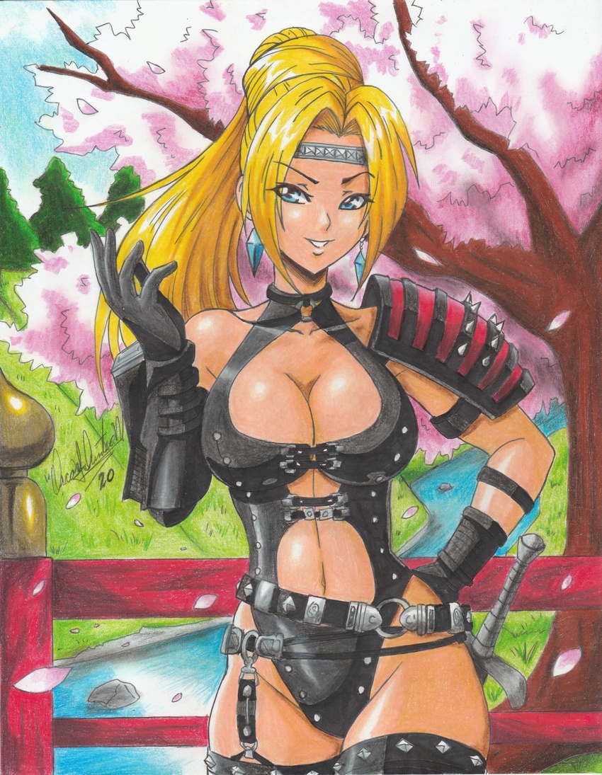 1girls 2020 artist_name big_breasts blonde_hair blue_eyes breasts cleavage dead_or_alive earrings leather_leotard leotard midriff ninja_gaiden pencil_(artwork) ponytail rachel_(ninja_gaiden) ravern_clouk solo solo_female tagme