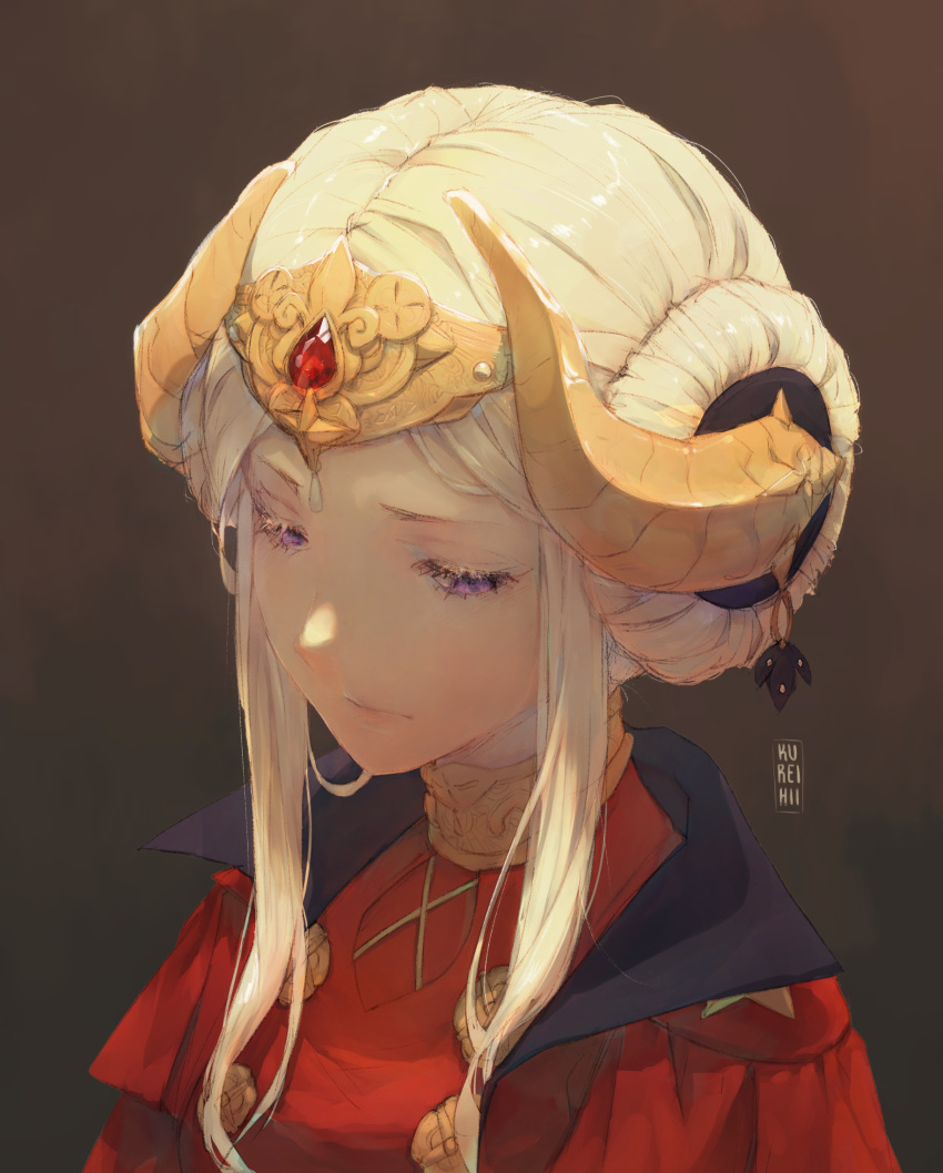 brown_background closed_eyes commentary double_bun edelgard_von_hresvelg english_commentary fake_horns female fire_emblem fire_emblem:_three_houses hair_bun half-closed_eyes highres horns kureihii purple_eyes shadow sidelocks signature solo upper_body