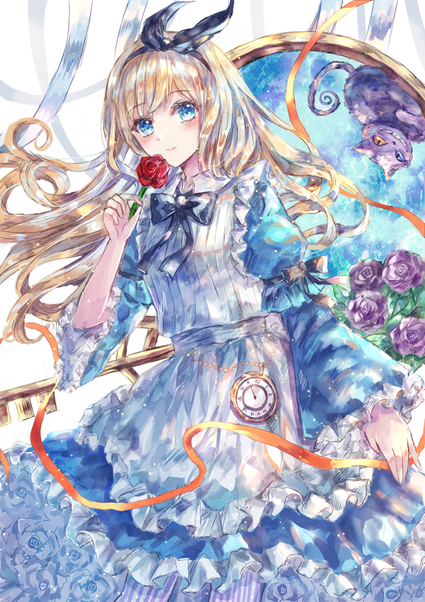 absurdres alice_(alice_in_wonderland) alice_in_wonderland black_bow blonde_hair blue_eyes bow bowtie cheshire_cat_(alice_in_wonderland) clock closed_mouth commentary feet_out_of_frame feline female flower grin hairband heterochromia highres holding holding_ribbon key light_blush long_hair looking_at_viewer orange_ribbon ribbon rose smile suzushina upside-down violet_(flower) white_background