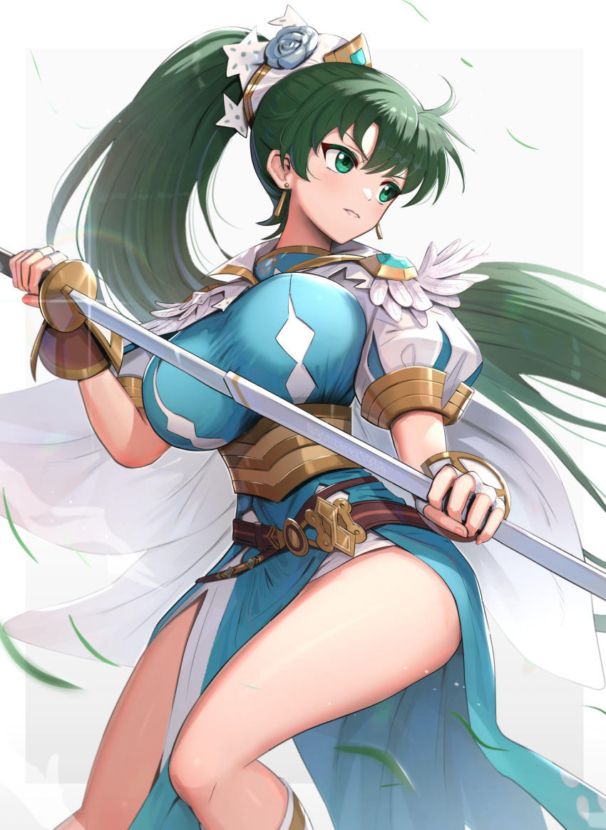 absurdres blue_flower breasts cape commentary_request earrings female fingerless_gloves fire_emblem fire_emblem:_the_blazing_blade fire_emblem_heroes flower gloves gold_trim gonzarez green_eyes green_hair highres holding holding_sword holding_weapon jewelry large_breasts long_hair lyn_(fire_emblem) lyn_(resplendent)_(fire_emblem) official_alternate_costume parted_lips pelvic_curtain ponytail solo sword teeth thighs unaligned_breasts very_long_hair weapon white_background white_cape white_gloves