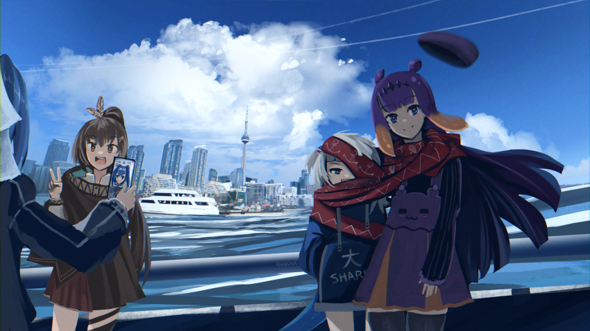 4girls :d advarcher anchor_symbol artist_name beret blue_eyes blue_hair blue_sky brown_eyes brown_hair building canada cellphone cellphone_photo city clothes_writing cloud cloudy_sky cn_tower commentary day feather_hair_ornament feathers gawr_gura grey_hair hair_ornament hands_in_pockets hat highres hololive hololive_english long_sleeves looking_at_viewer meme multiple_girls nanashi_mumei ninomae_ina'nis ouro_kronii outdoors phone ponytail purple_eyes purple_hair scarf selfie selfie_prank_(meme) shared_clothes shared_scarf sky smile taking_picture takodachi_(ninomae_ina'nis) tentacle_hair toronto_(city) unworn_hat unworn_headwear v virtual_youtuber water wind wind_lift