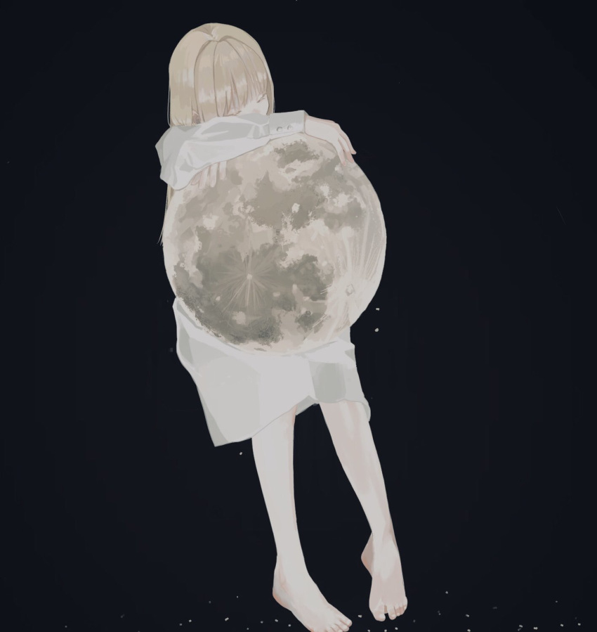 barefoot black_background blonde_hair closed_eyes commentary_request covered_mouth donguri_hello dress facing_viewer feet female full_body hair_intakes hands_up highres holding holding_moon invisible_chair long_hair long_sleeves moon original pale_skin simple_background sitting sleeping solo toes white_dress