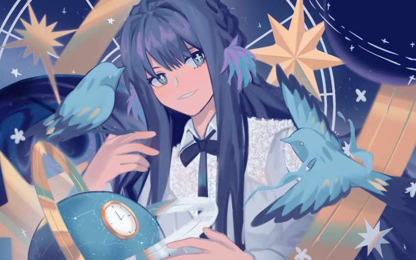 +_+ arknights astesia_(arknights) bird blue_eyes blue_hair blue_ribbon bluebird bright_pupils celestial_globe clock constellation female highres long_hair orb painterly parted_lips ribbon shirt sky smile solo star_(sky) star_(symbol) starry_sky towne white_pupils white_shirt