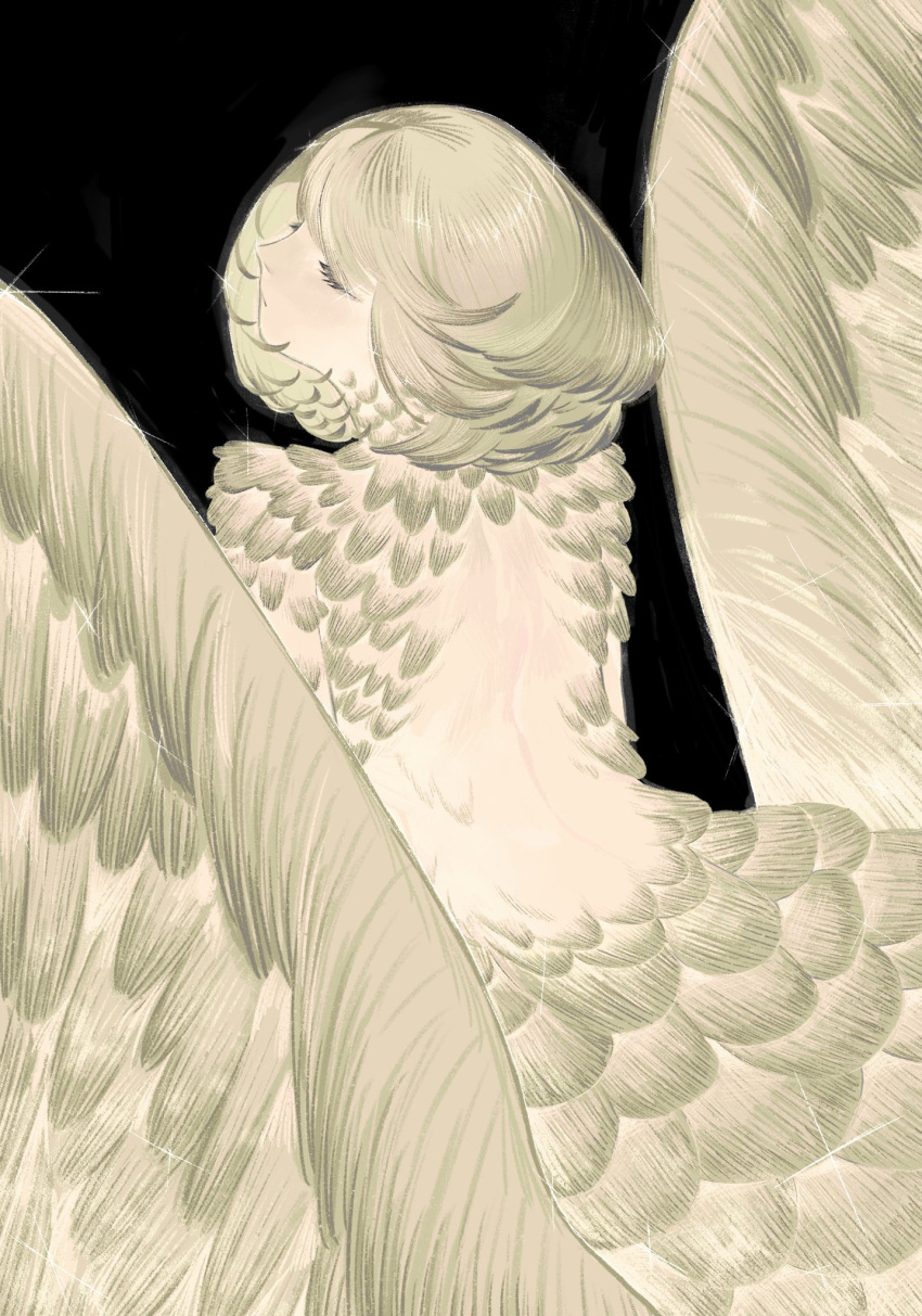 arched_back back bad_id bad_twitter_id black_background blonde_hair blue_let11 chimera closed_eyes commentary dungeon_meshi eyelashes facing_to_the_side falin_touden falin_touden_(chimera) feathered_wings feathers female from_above from_behind highres light_brown_hair monster_girl short_hair simple_background solo sparkle spoilers upper_body wings